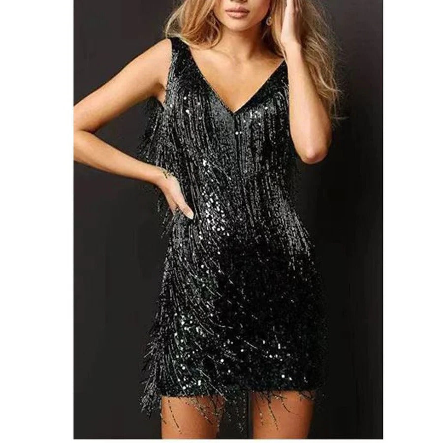 Manon - Robe de Soirée Glamour Invitée Mariage Femme avec Franges et Col en V