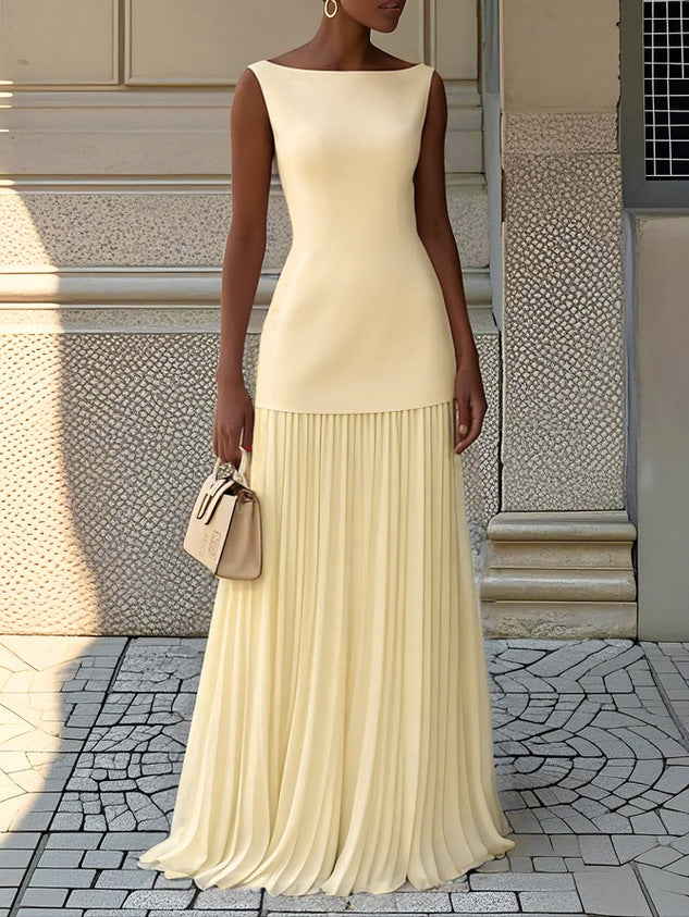 Margaux - Robe Maxi Classique Invitée Mariage Femme avec Col Bateau et Jupe Plissée Fluide