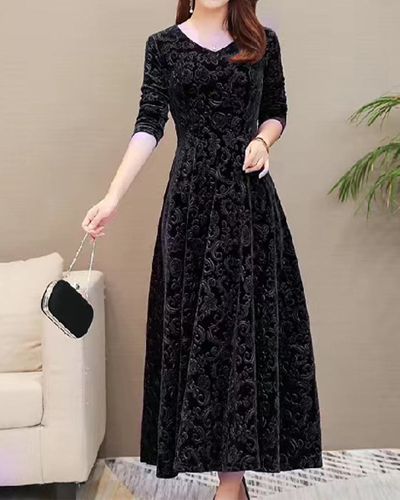Marion - Robe Invitée Mariage Femme Élégante Longue à Manches Trois-Quarts et Col V