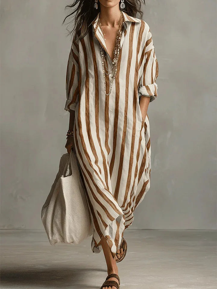 Mathilde - Robe en Lin Longue Bohème Femme avec Col Chemise et Rayures Verticales
