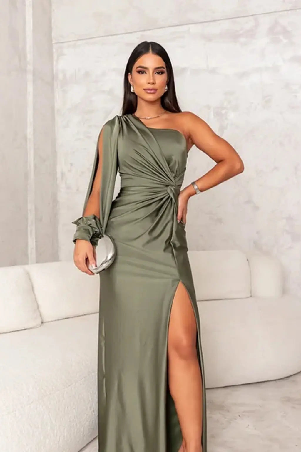 Nathalie - Robe Mariage Invitée Maxi Femme Élégante avec Une Épaule Longue et Torsade à la Taille