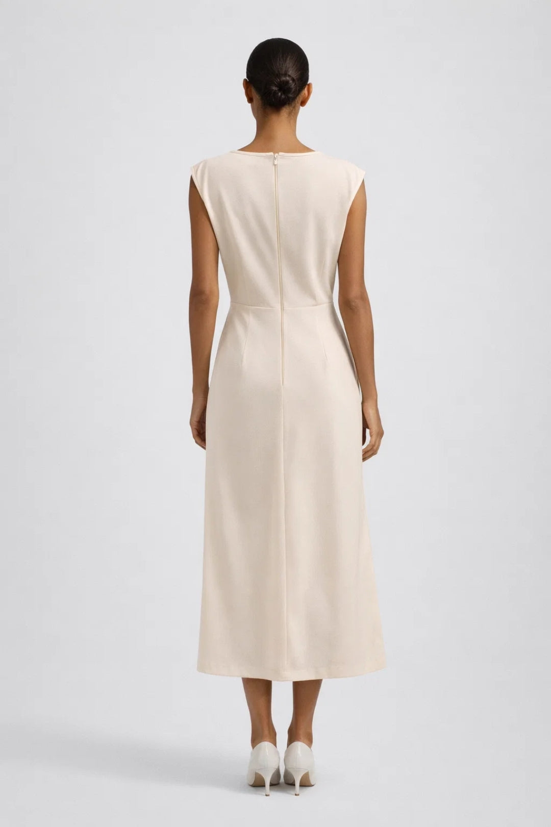 Robe Midi Femme - Col Rond Sans Manches Drapée Nouée | Élégante