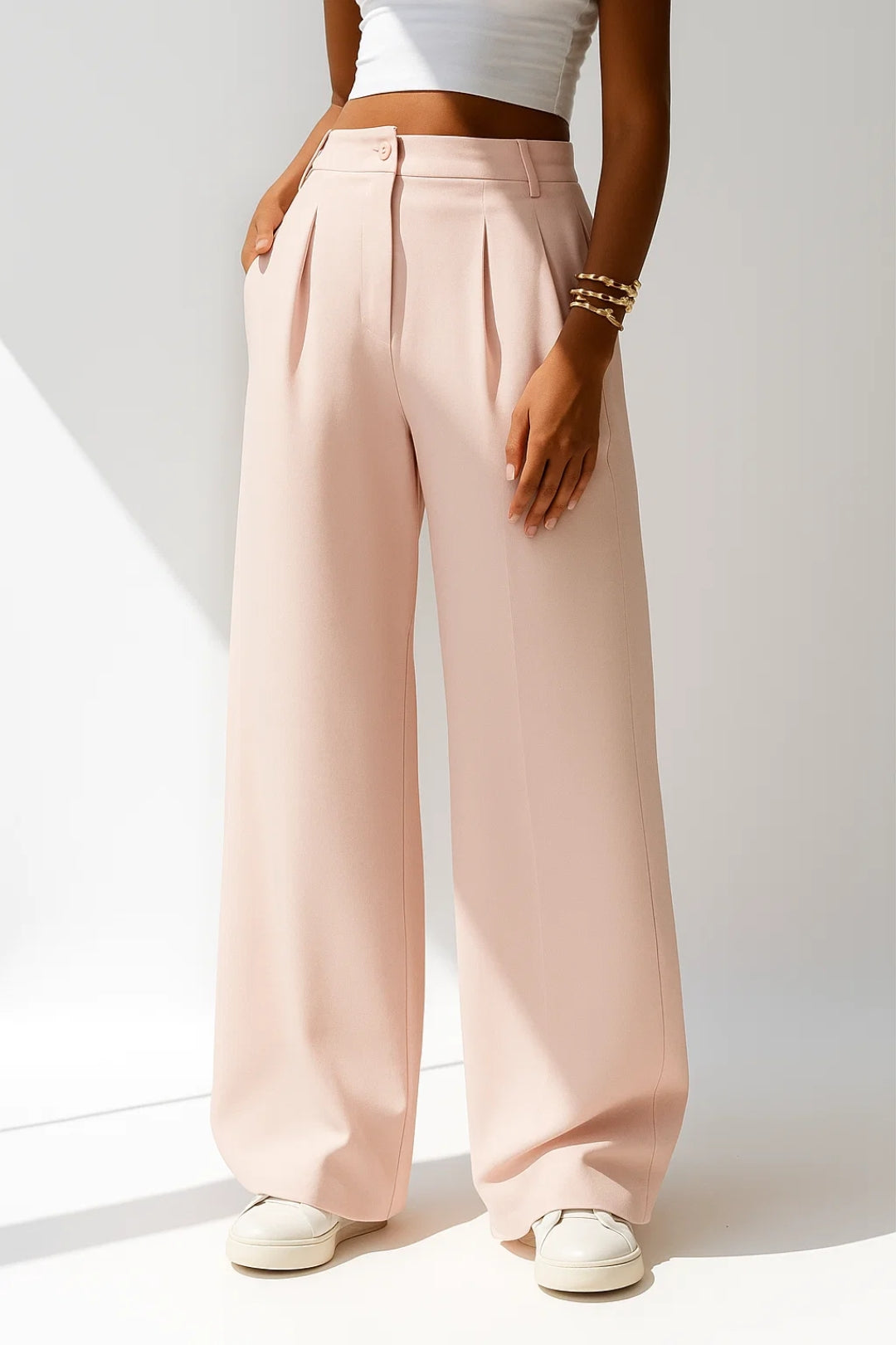 Pantalon Large Plissé | Taille Haute Élégante | Noir et Rose Poudré