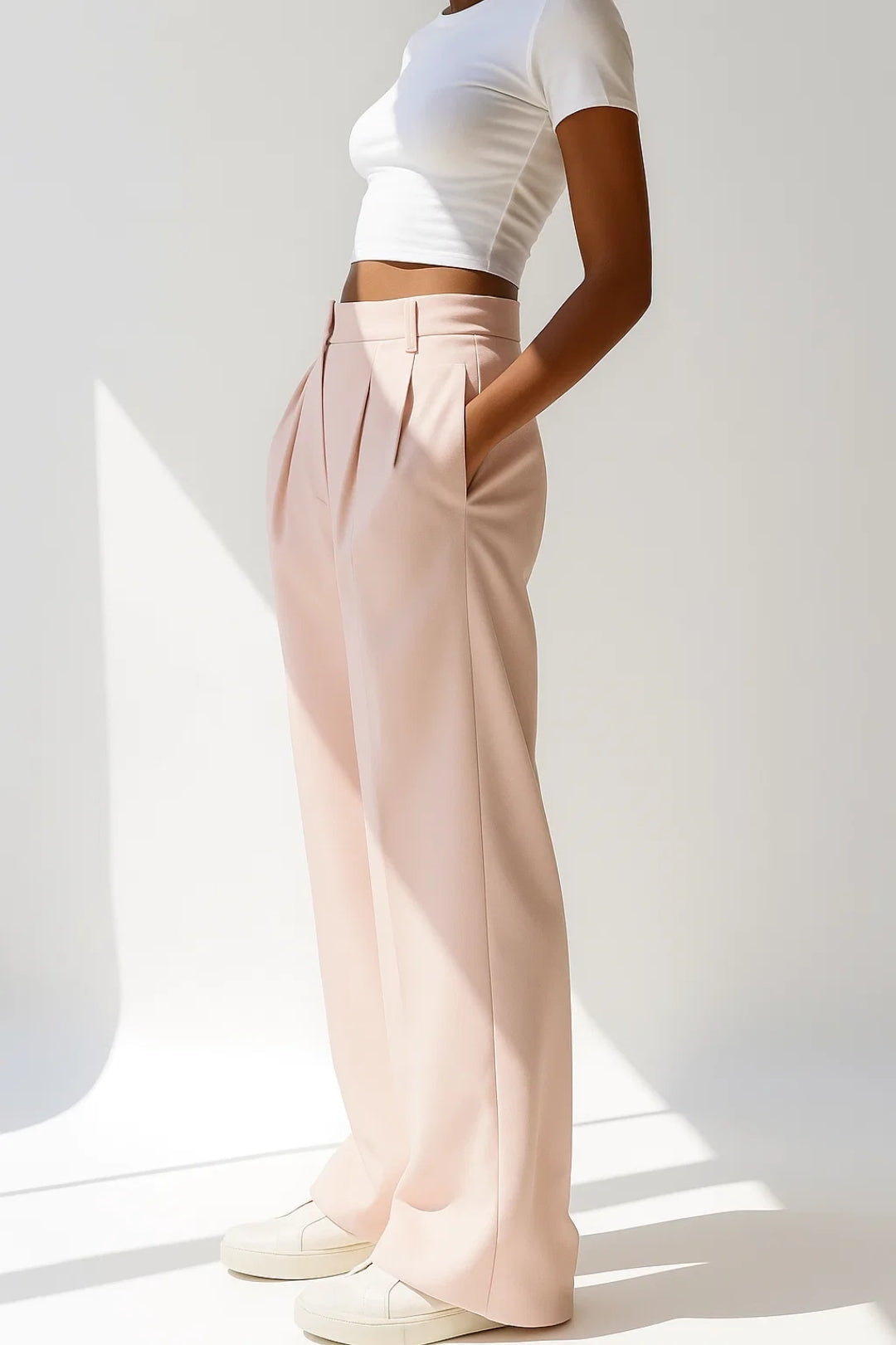 Pantalon Large Plissé | Taille Haute Élégante | Noir et Rose Poudré