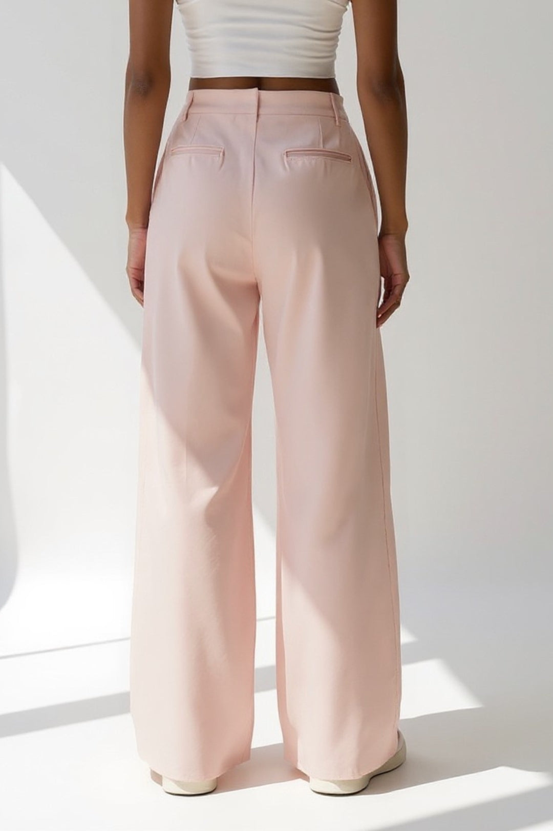 Pantalon Large Plissé | Taille Haute Élégante | Noir et Rose Poudré