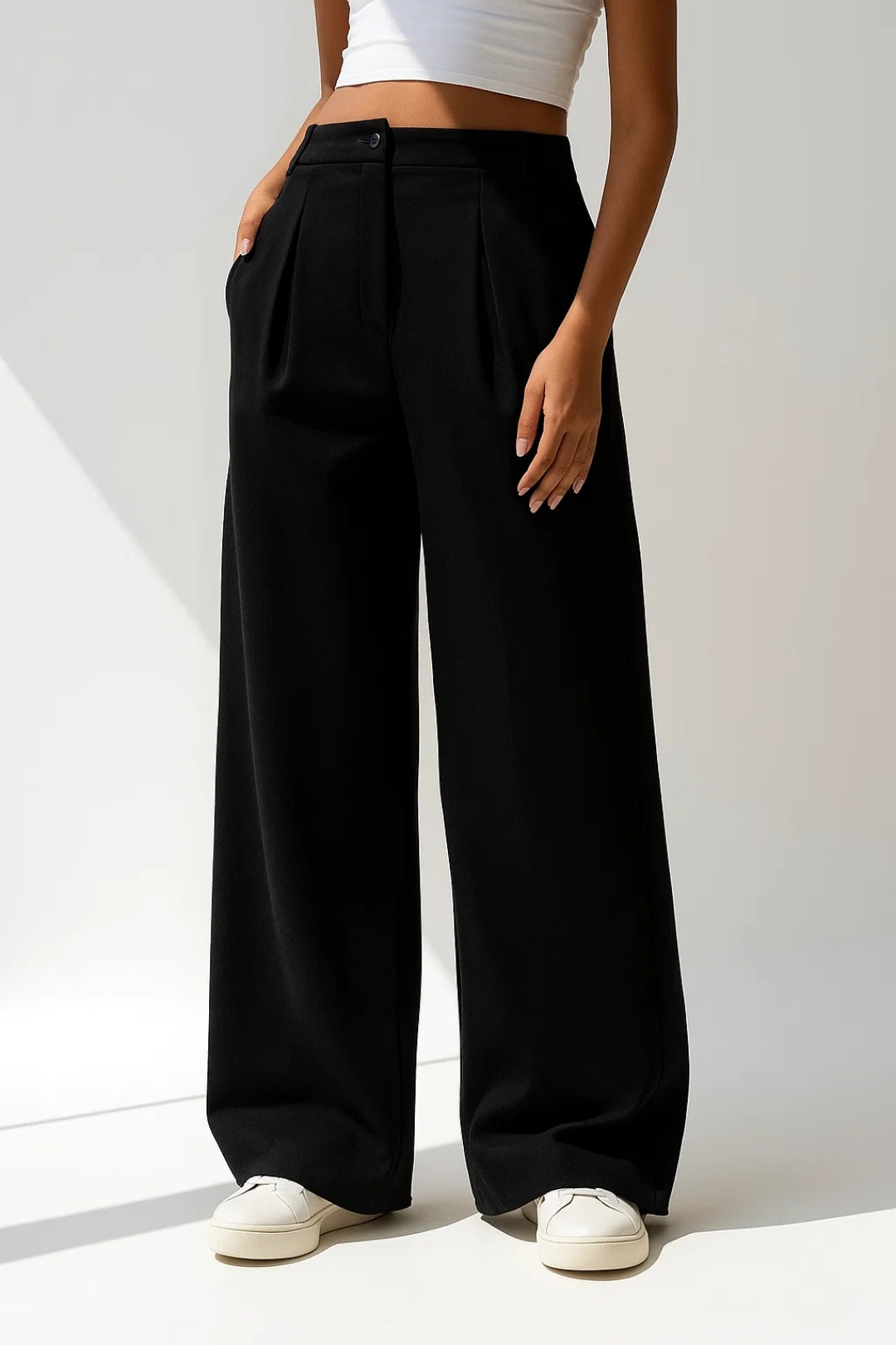 Pantalon Large Plissé | Taille Haute Élégante | Noir et Rose Poudré