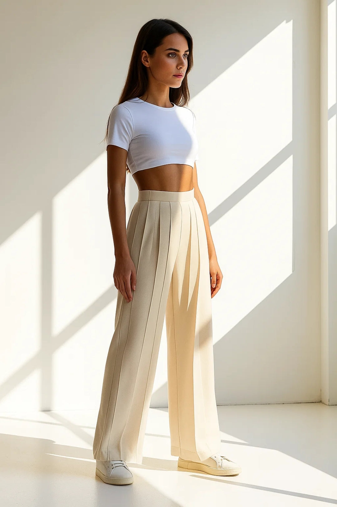 Pantalon Large Plissé | Taille Haute Élégante | Noir et Beige Clair