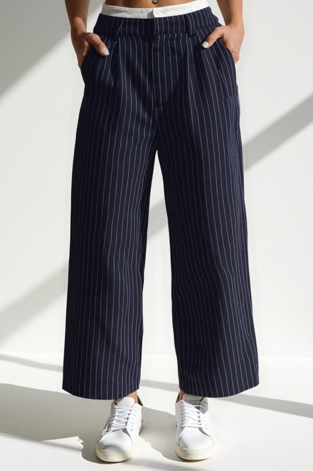 Pantalon Large à Rayures | Bleu Marine | Style Décontracté-Chic