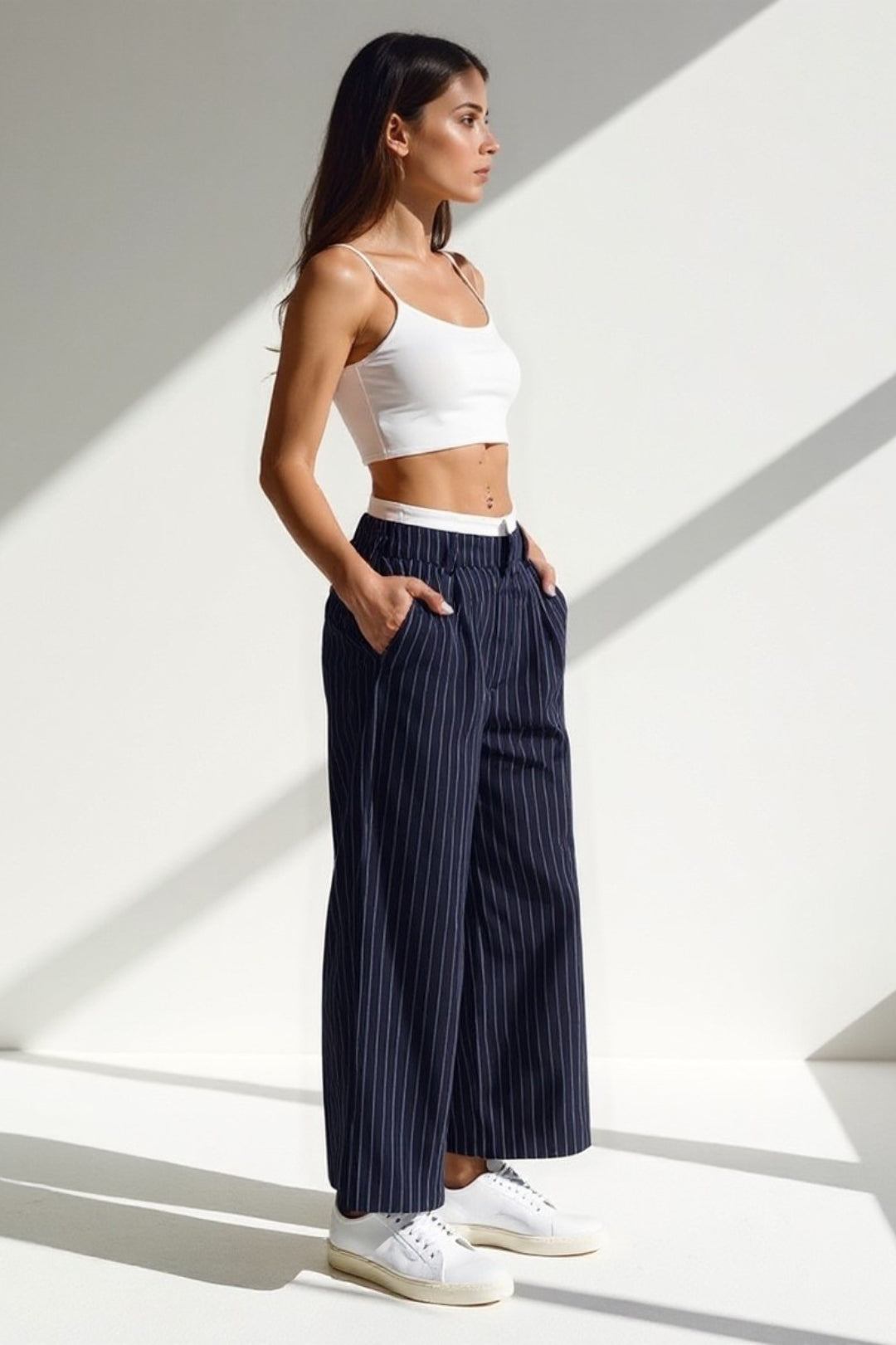 Pantalon Large à Rayures | Bleu Marine | Style Décontracté-Chic
