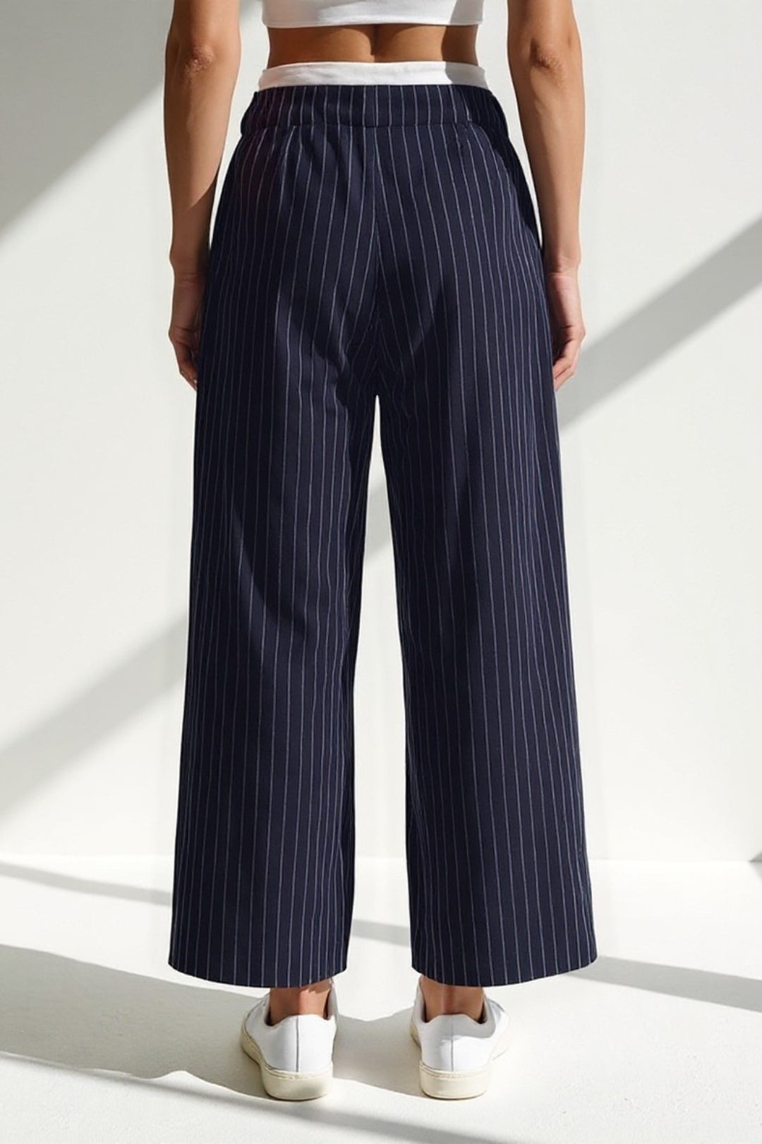 Pantalon Large à Rayures | Bleu Marine | Style Décontracté-Chic