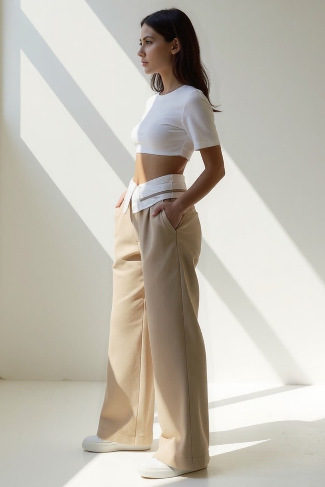 Pantalon Large Taille Haute | Détail Ceinture Contrastée | Gris et Beige