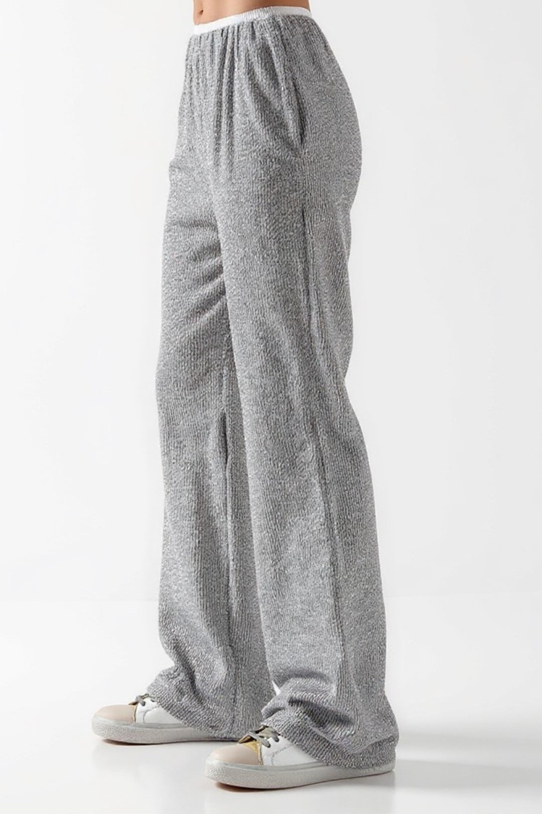 Pantalon Large en Maille | Gris Chiné | Confort Décontracté
