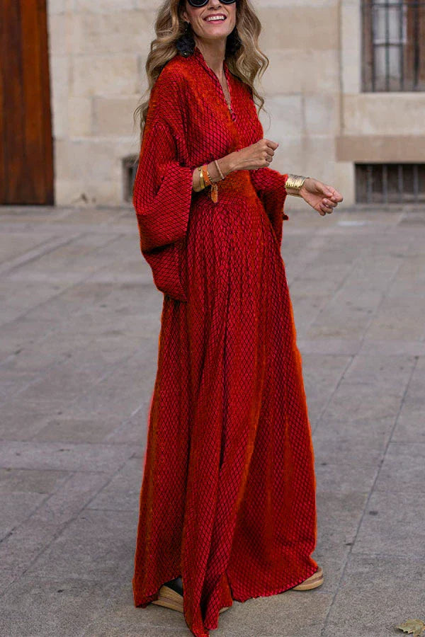 Pauline - Robe Longue Bohème Femme avec Col en V et Manches Larges Évasées