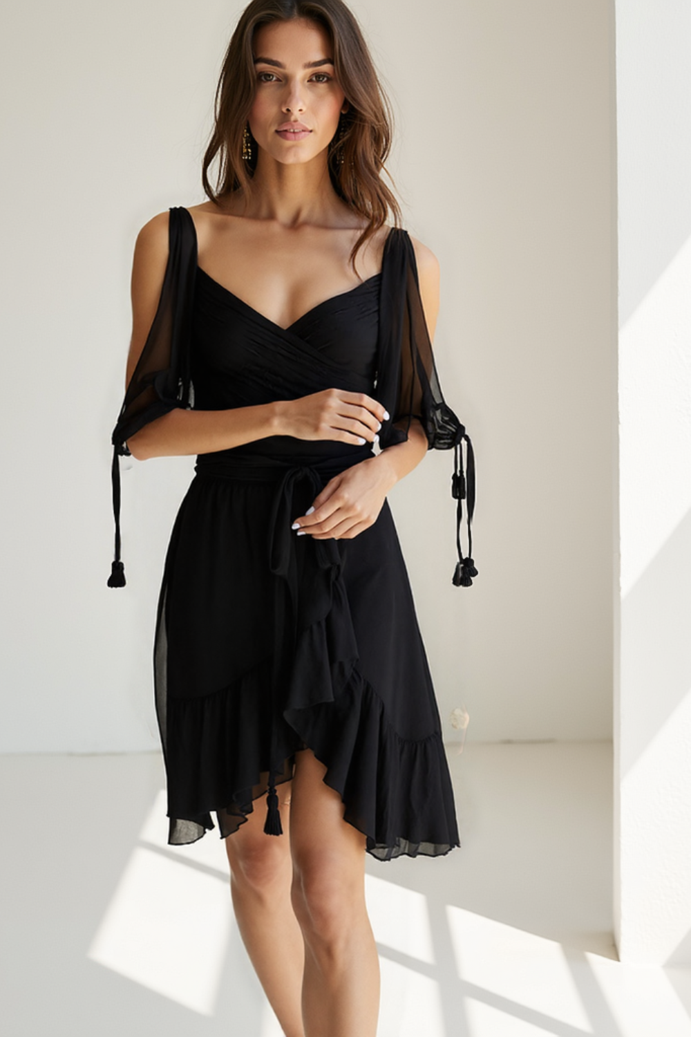 Robe Courte Femme | Bustier & Manches Volantes | Chiffon Vert Éclatant