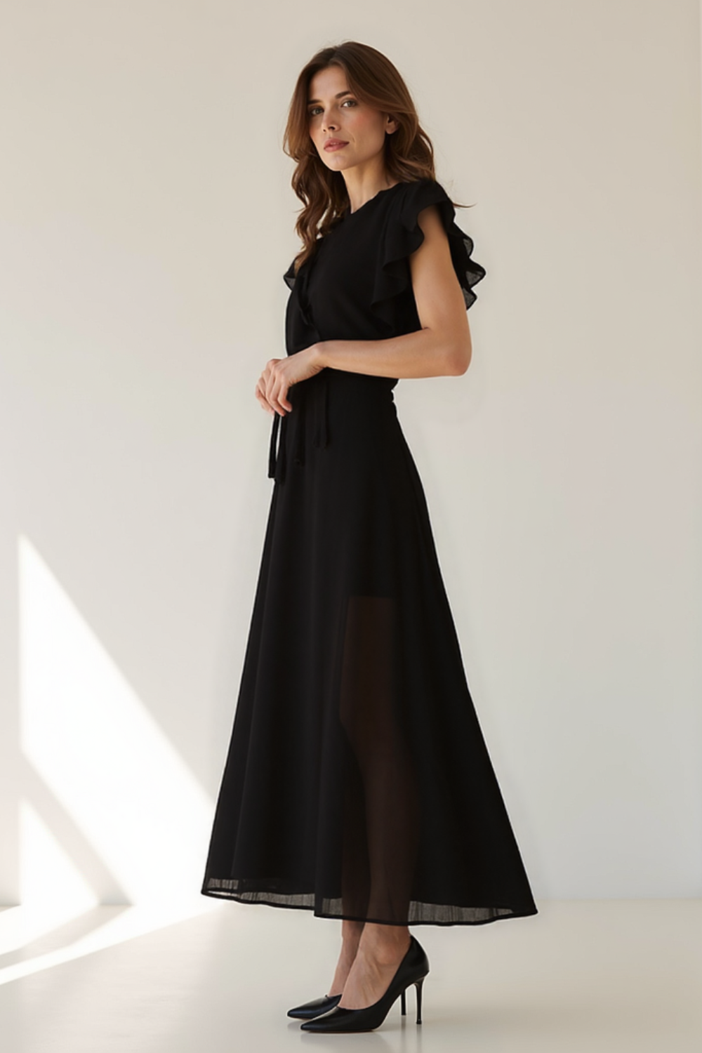 Robe Longue Femme | Manches Volants | Taille Ceinturée