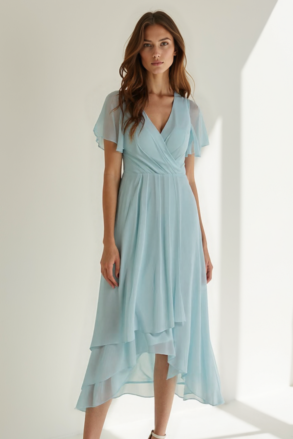 Robe Midi Femme | Décolleté Cache-Cœur | Voile Fluide en Chiffon