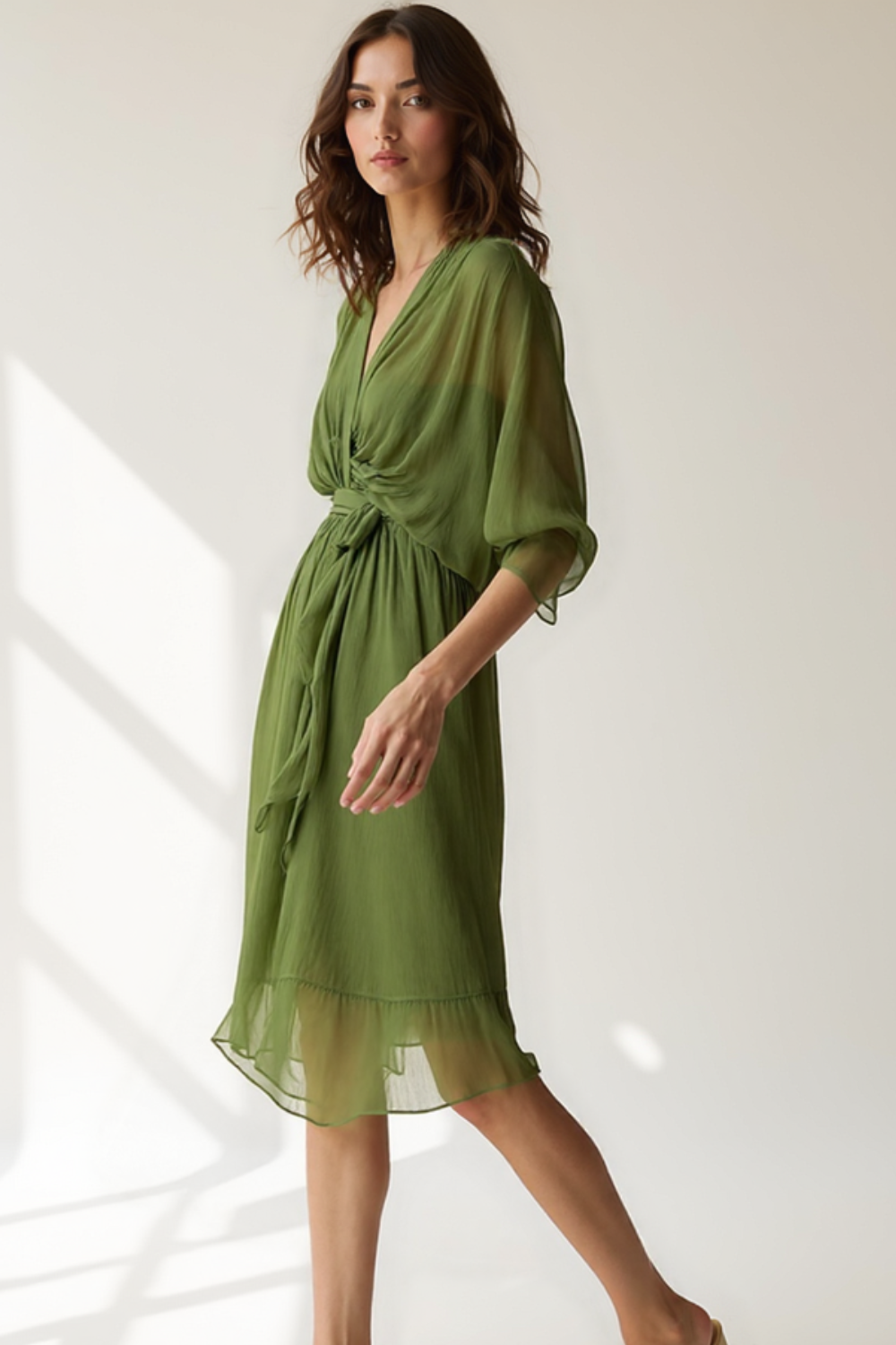 Robe Midi Femme | Ceinture à Nouer | Tissu Chiffon Léger