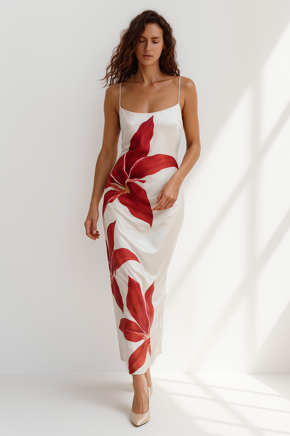Robe Longue Femme | Imprimé Floral Rouge | Tissu Milk Silk Doux