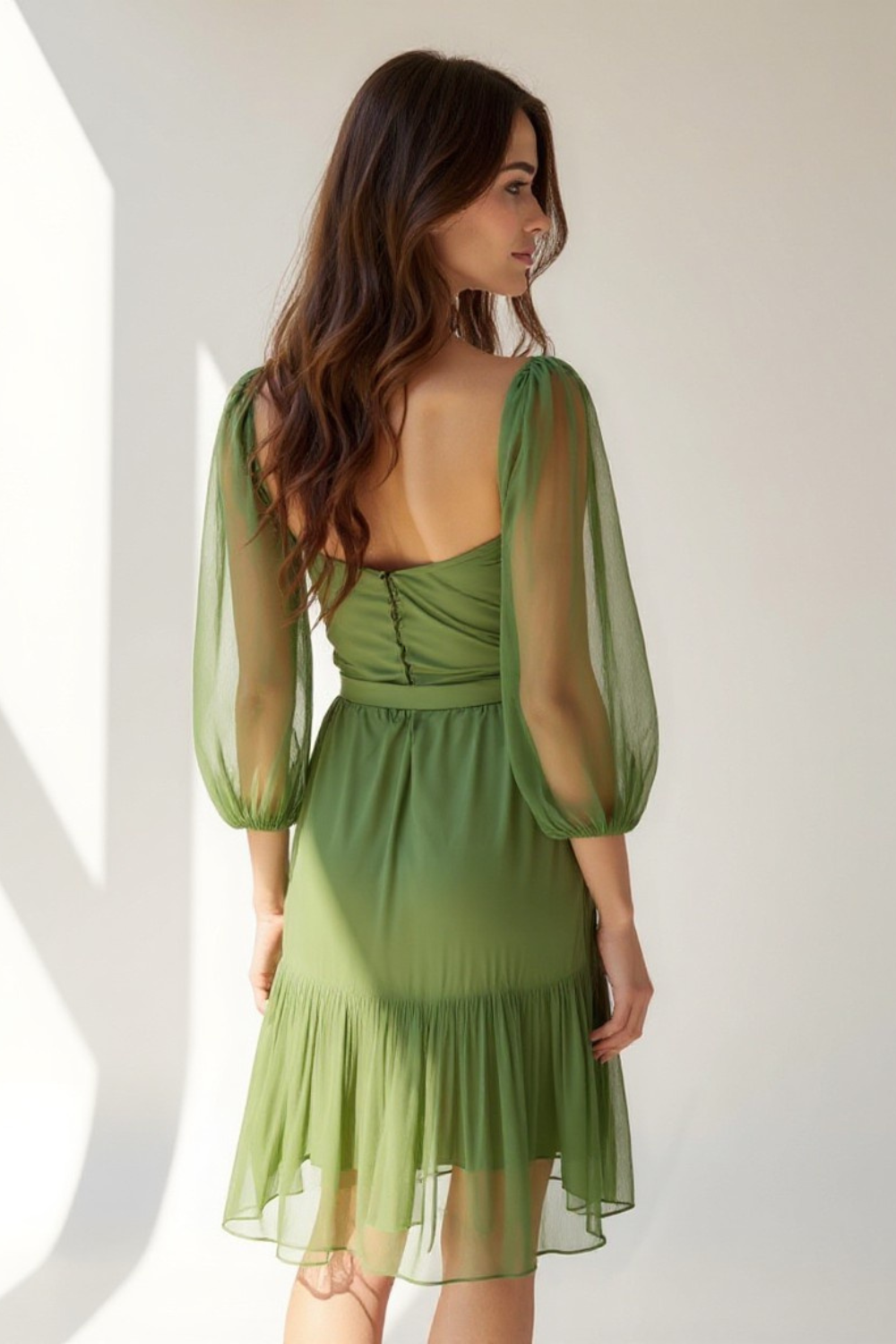 Robe Courte Femme | Bustier & Manches Volantes | Chiffon Vert Éclatant