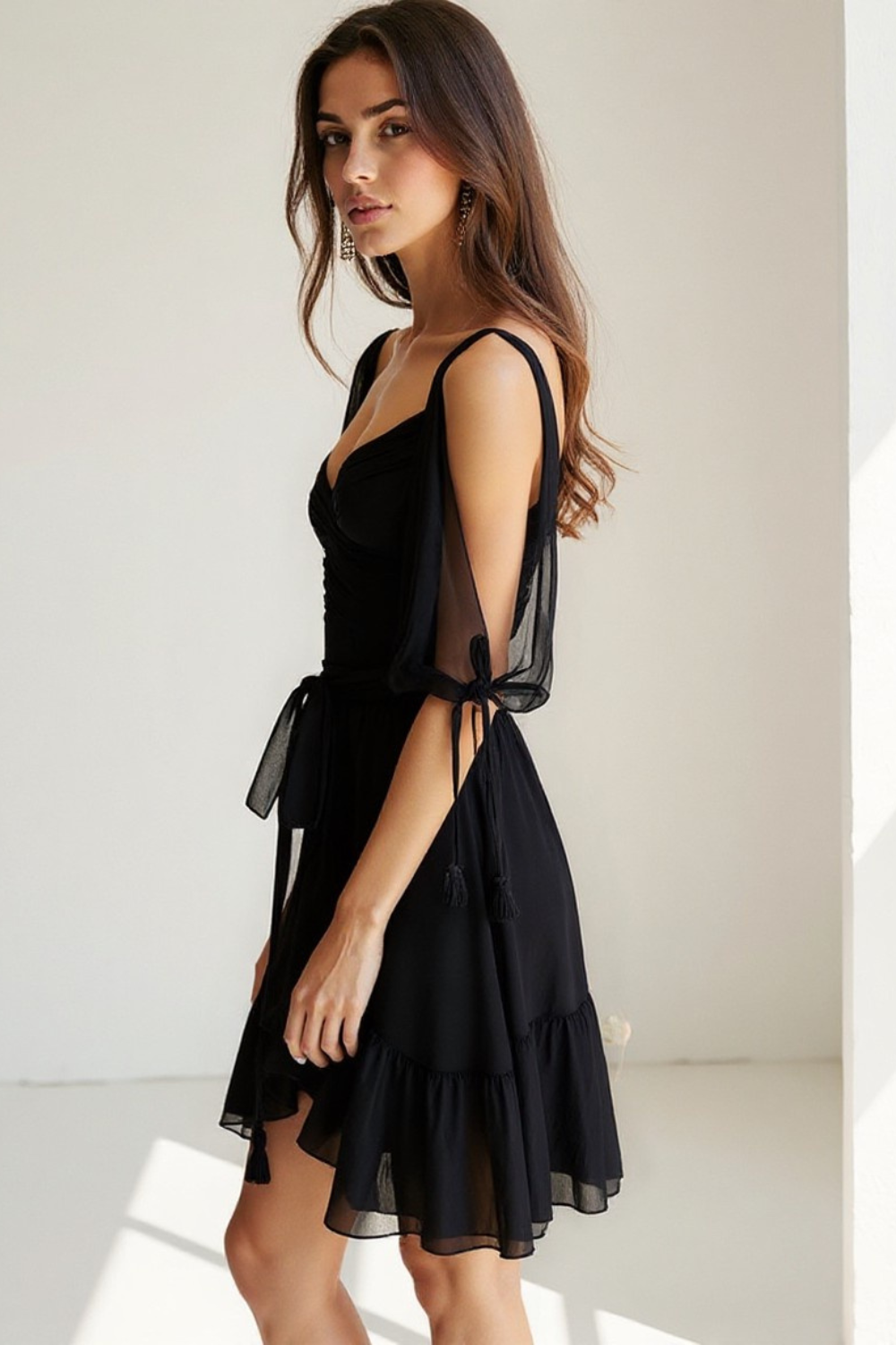 Robe Courte Femme | Bustier & Manches Volantes | Chiffon Vert Éclatant