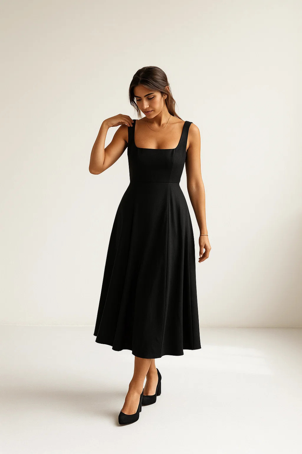 Robe Évasée Femme | Encolure Carrée Élégante | Tissu Fluide Stretch