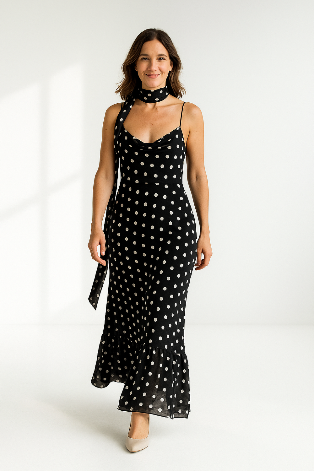 Robe Longue Femme | Imprimé à Pois Élégant | Bretelles Fines