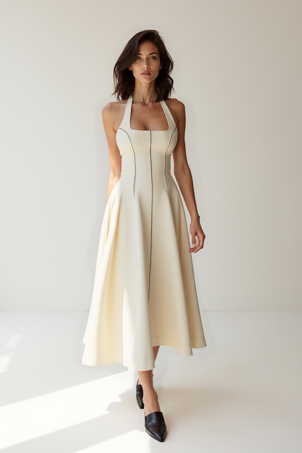 Robe Évasée Femme | Encolure Carrée Élégante | Tissu Structuré Fluide