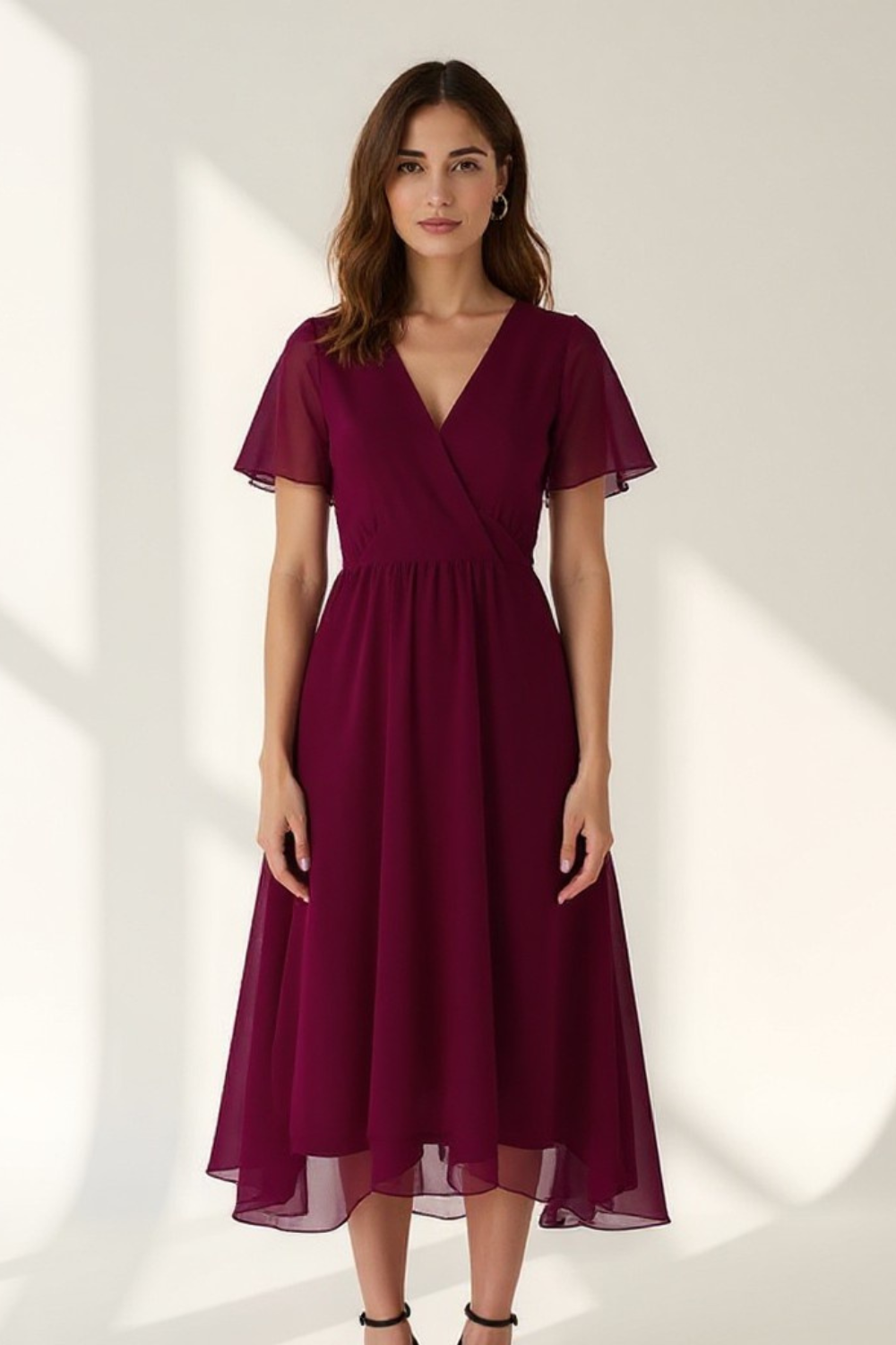 Robe Midi Femme | Décolleté Cache-Cœur | Voile Fluide en Chiffon