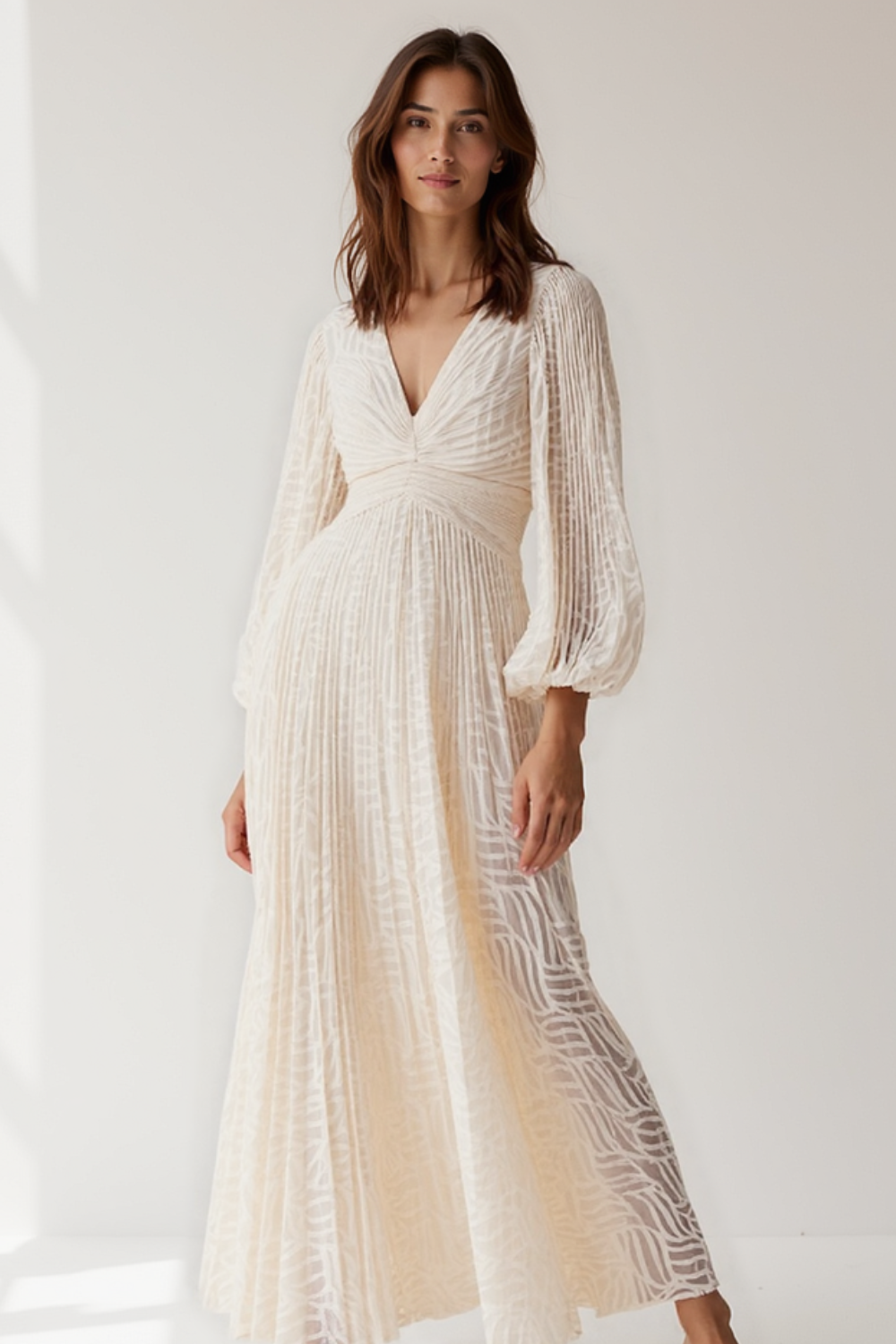 Robe Longue Femme | Manches Bouffantes | Tissu Chiffon Texturé