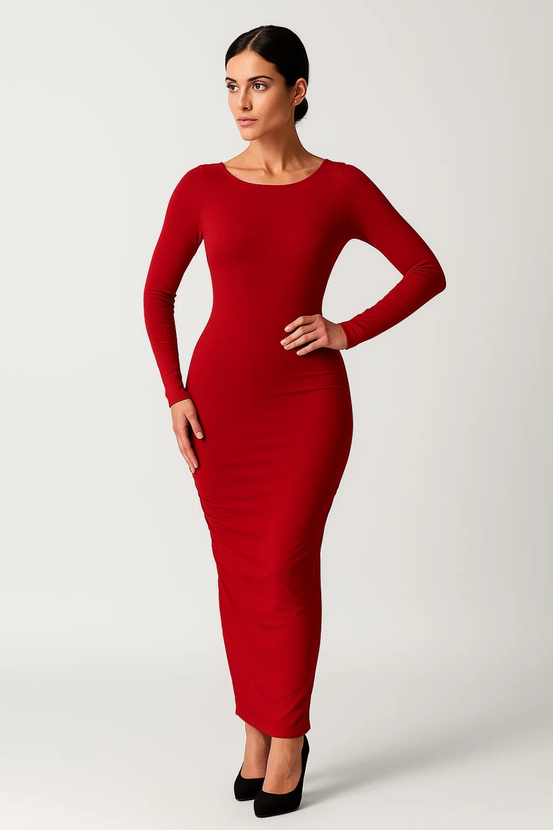 Robe Longue Ajustée à Manches Longues | Tissu Extensible | Élégance Moderne