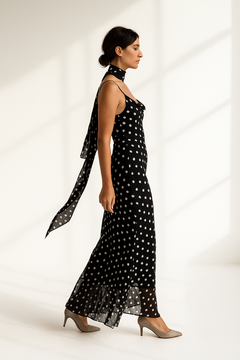 Robe Longue Femme | Imprimé à Pois Élégant | Bretelles Fines