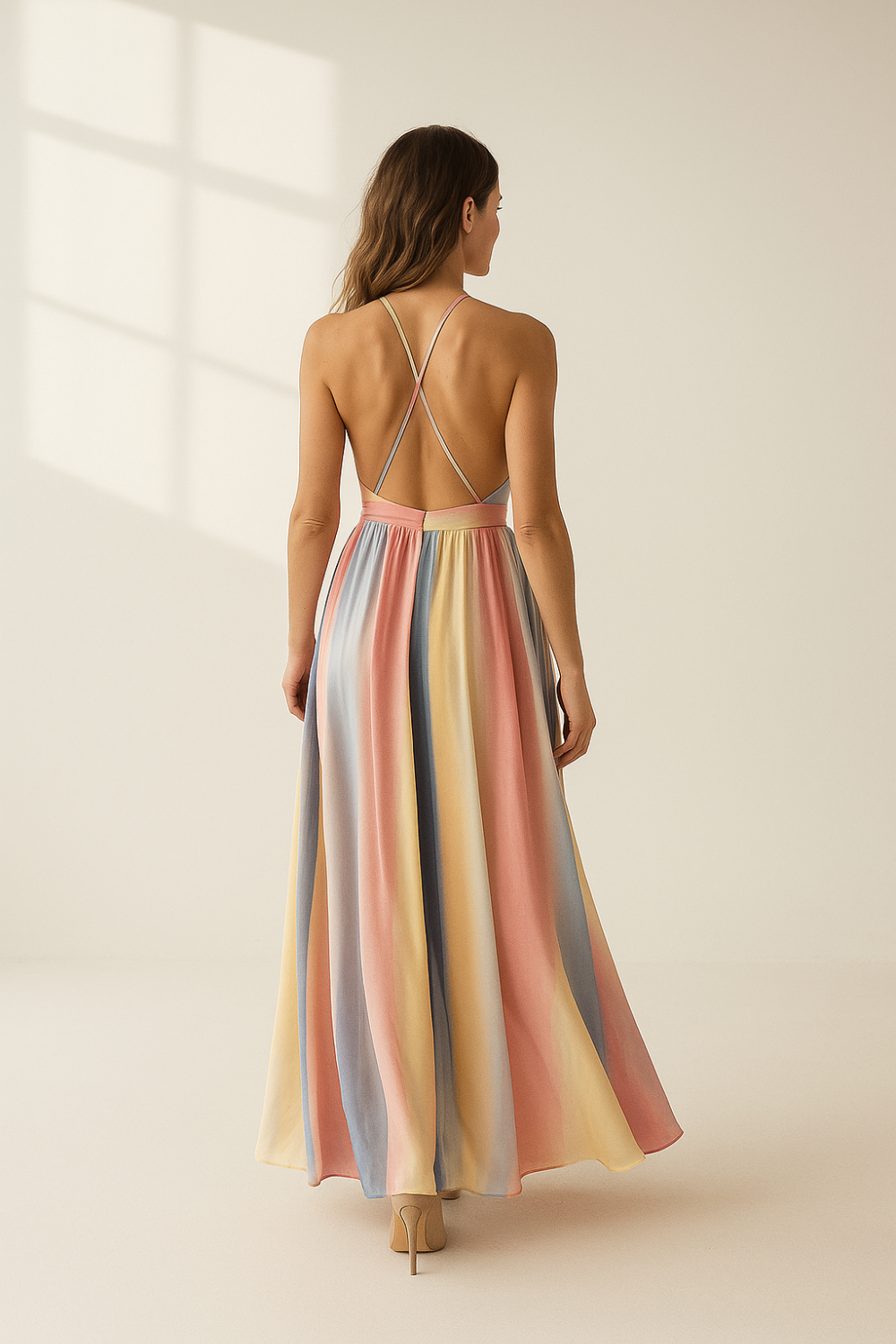 Robe Longue d'Été Femme | Tissu Chiffon Léger | Rayures Pastel Élégantes