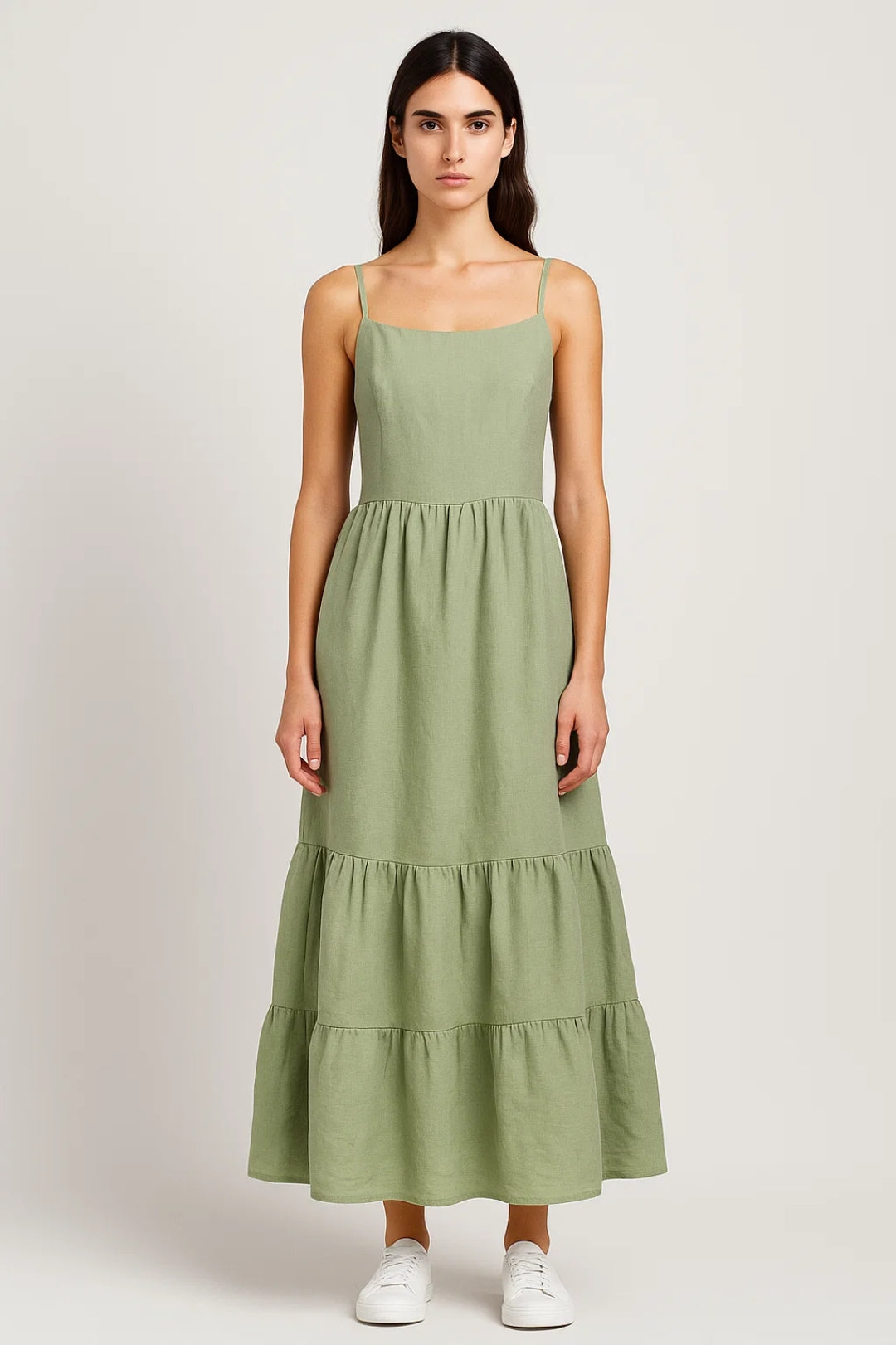 Robe Longue en Lin à Bretelles Fines | Jupe Volantée | Style Estival Léger