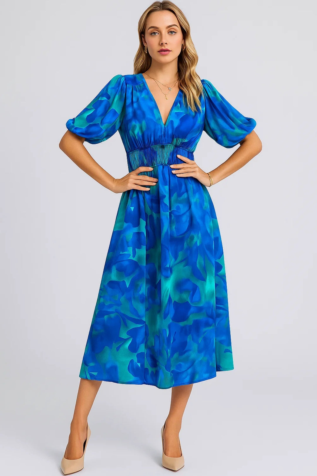 Robe Mi-Longue à Imprimé | Robe Féminine à Manches Bouffantes | Légère et Élégante