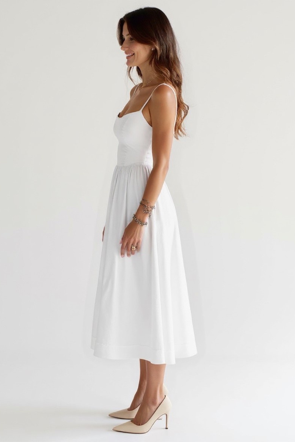 Robe Midi Femme | Bretelles Fines Élégantes | Jupe Évasée Volumineuse
