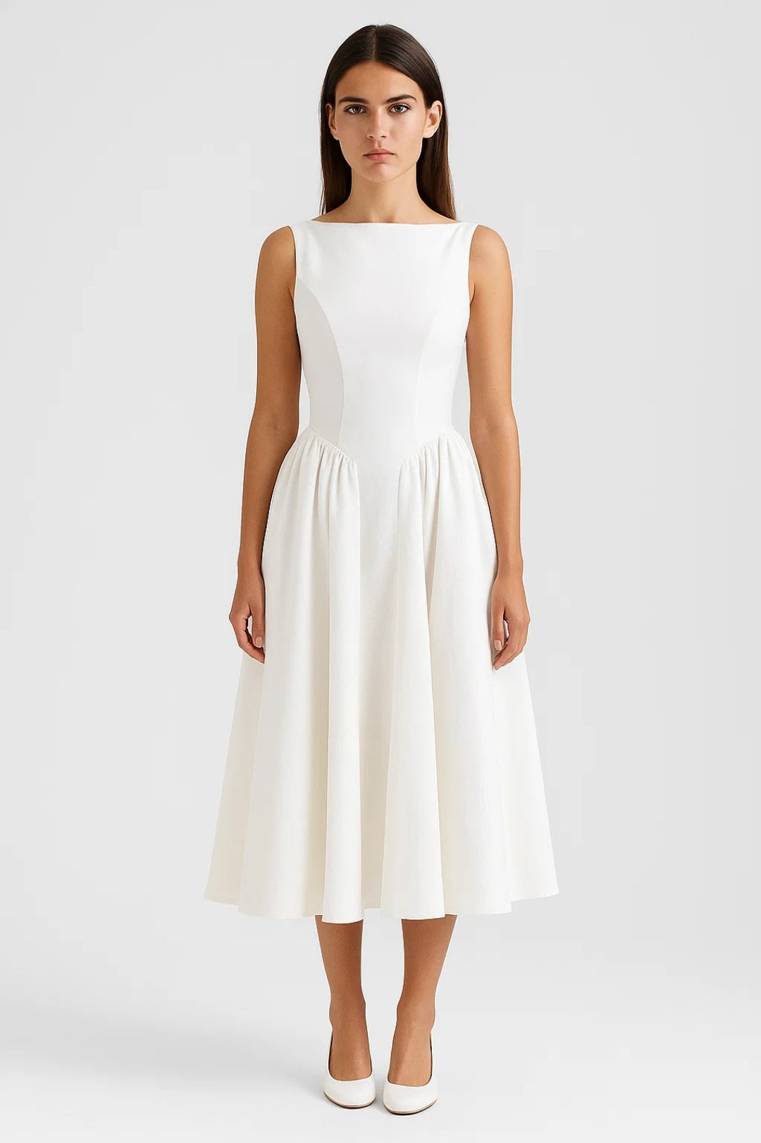 Robe Midi Évasée | Dos Nu Élégant | Blanc Ivoire