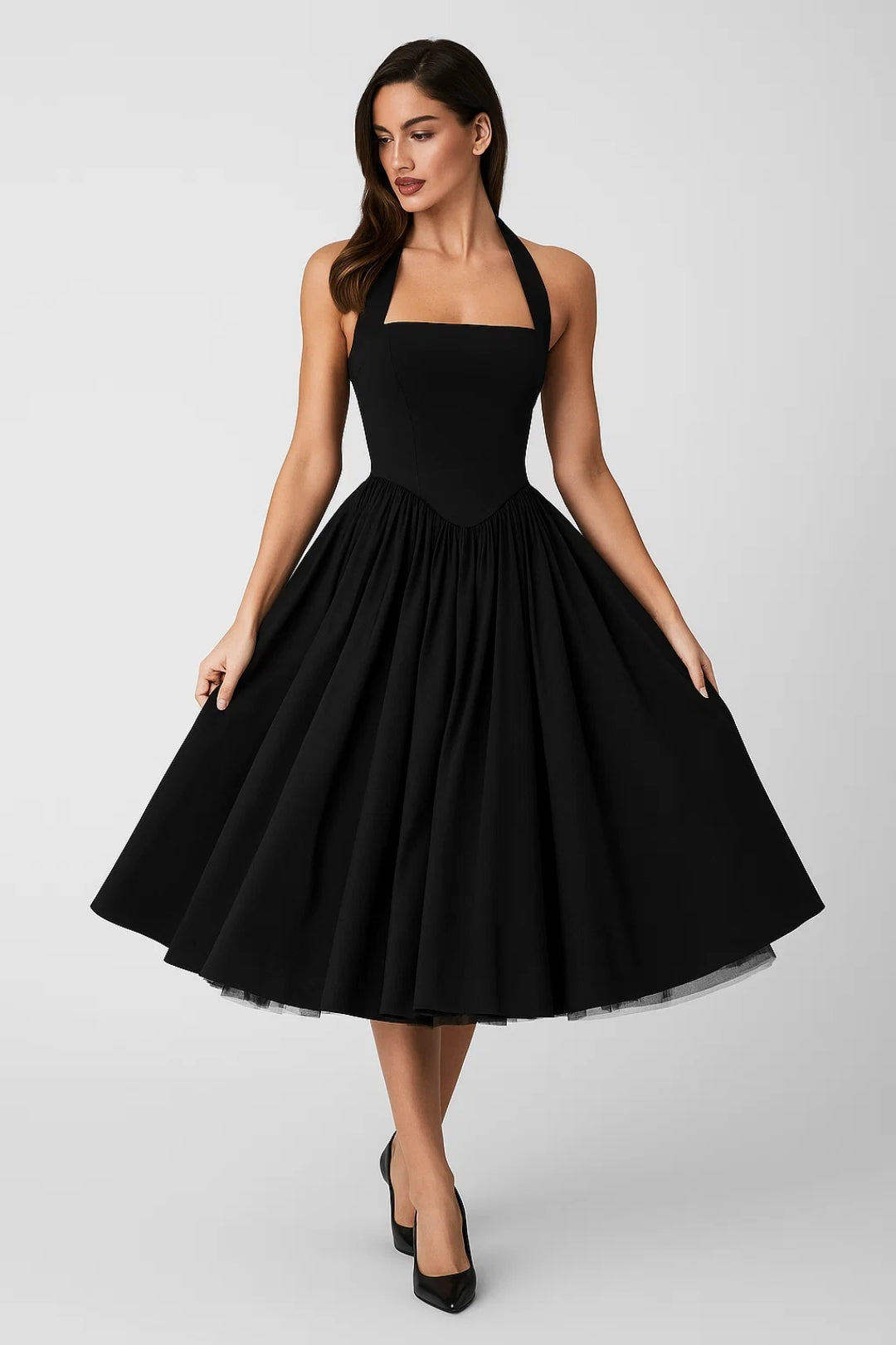 Robe Vintage Mi-Longue | Robe Patineuse à Bretelles | Légère et Respirante