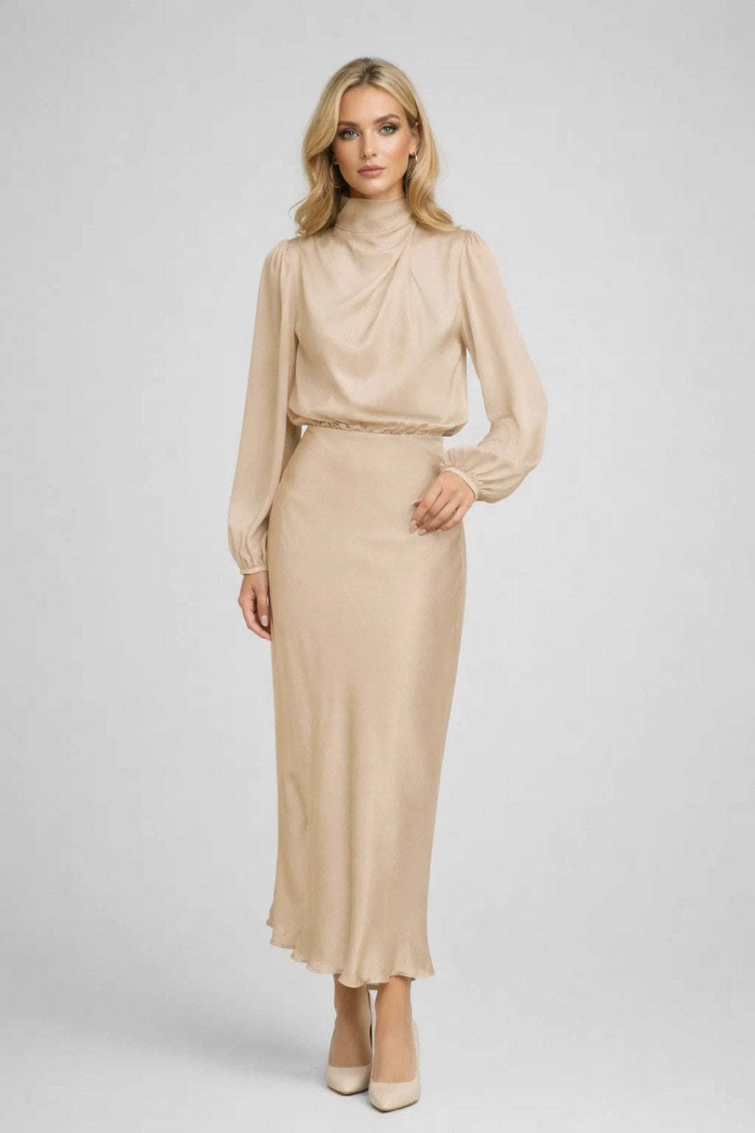 Robe Midi Femme - Col Montant Manches Bouffantes | Élégante