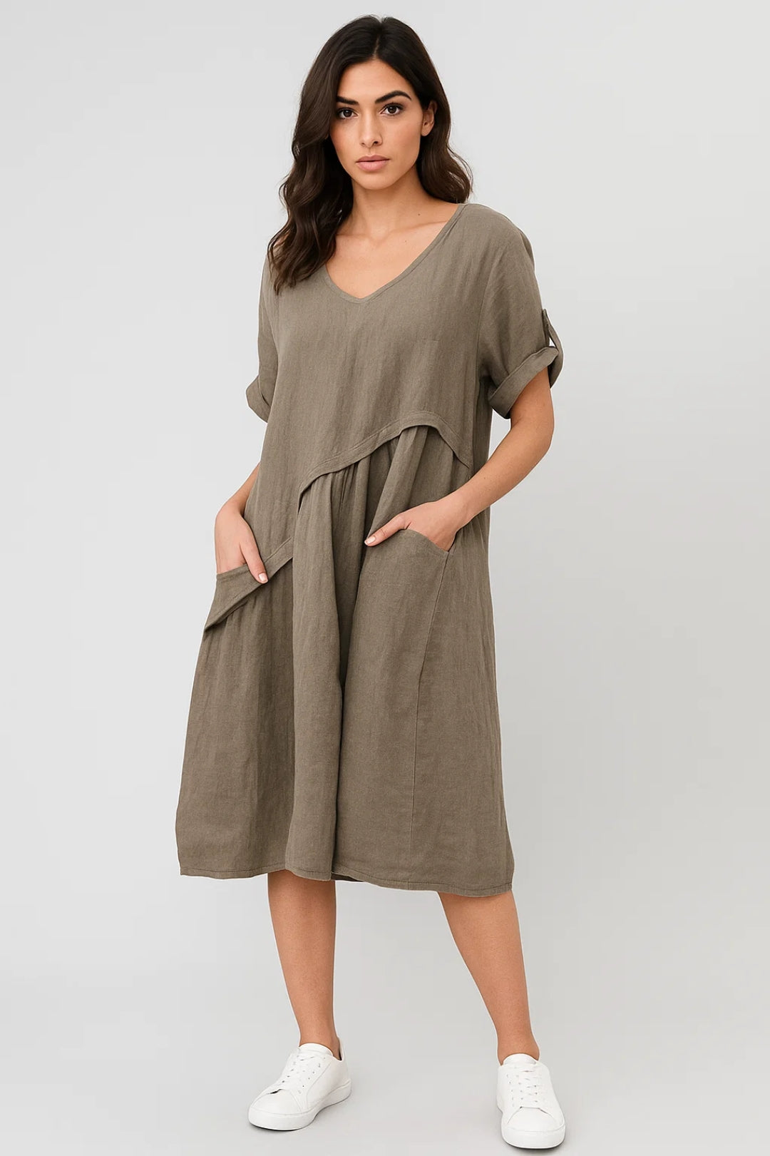 Robe midi ample à poches | Robe décontractée à manches retroussées | Légère et respirante