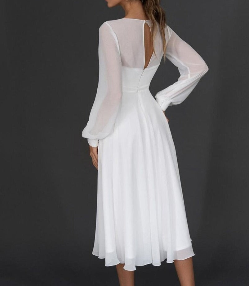 Séraphine - Robe Invitée Mariage Femme Maxi Col V Croisé avec Manches Longues Transparentes Élégante