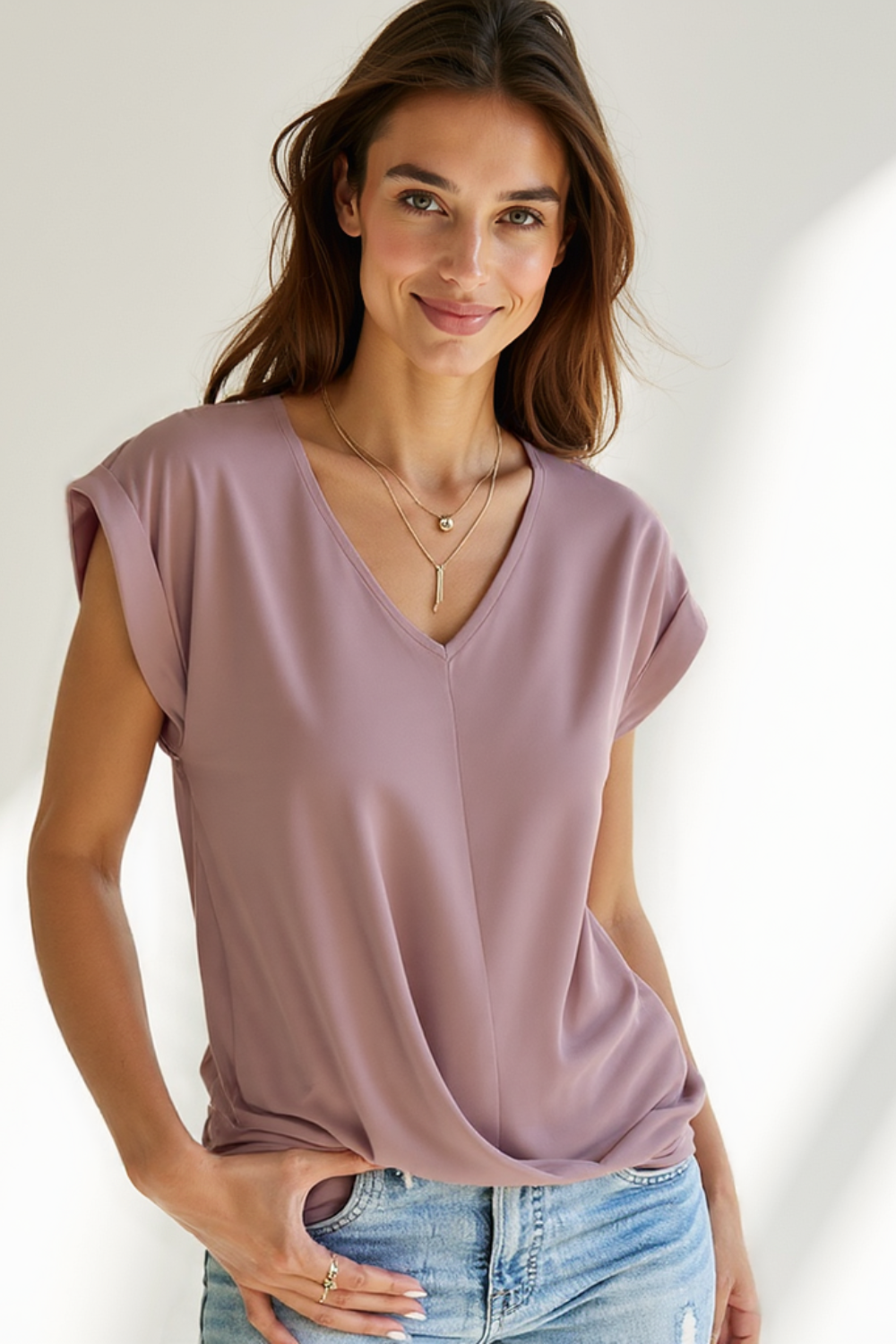 Blouse Femme Décontractée | Col V Croisé | Manches Repliées