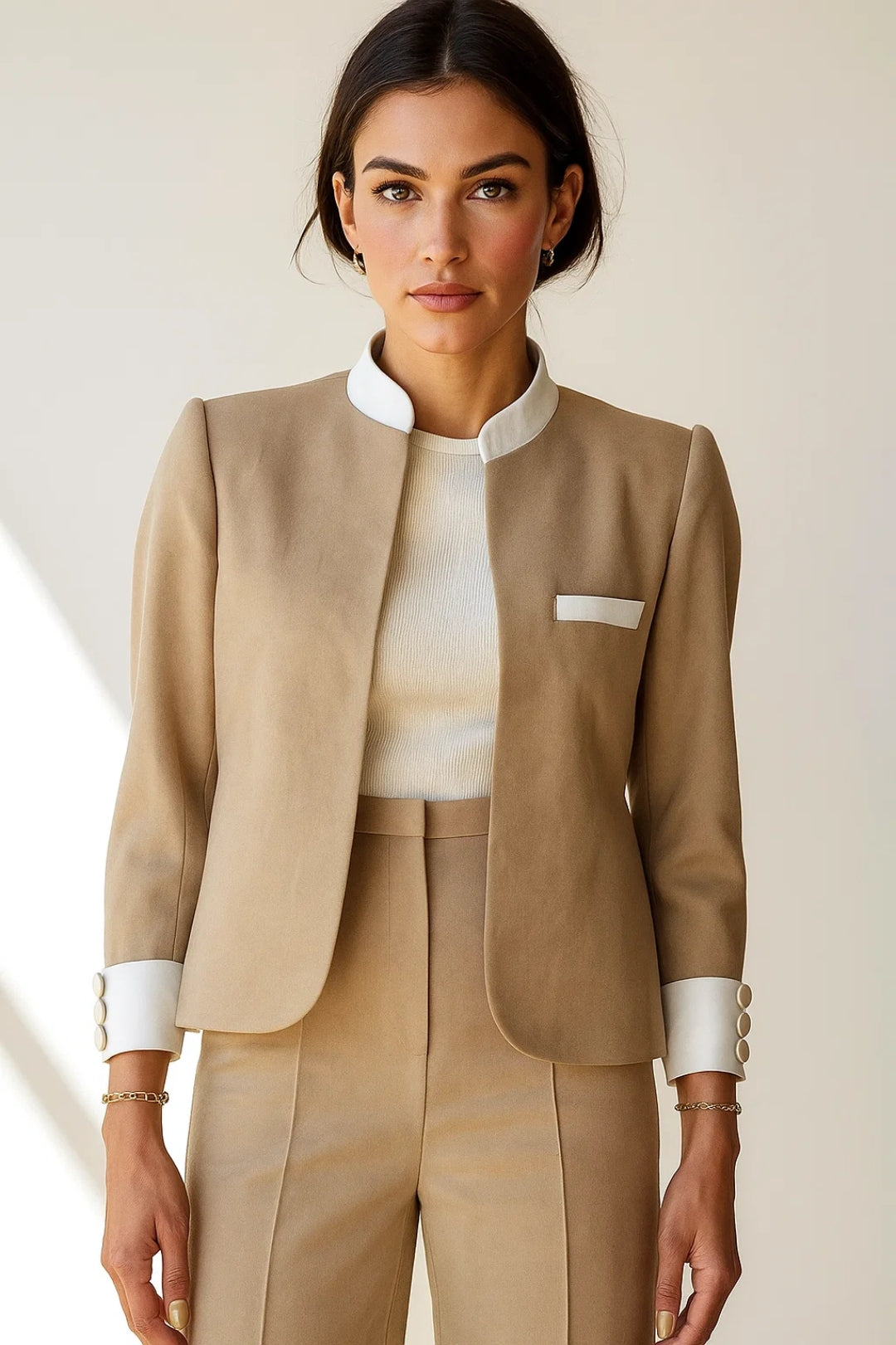 Veste Blazer Femme | Élégante et Structurée | Beige à Détails Blancs