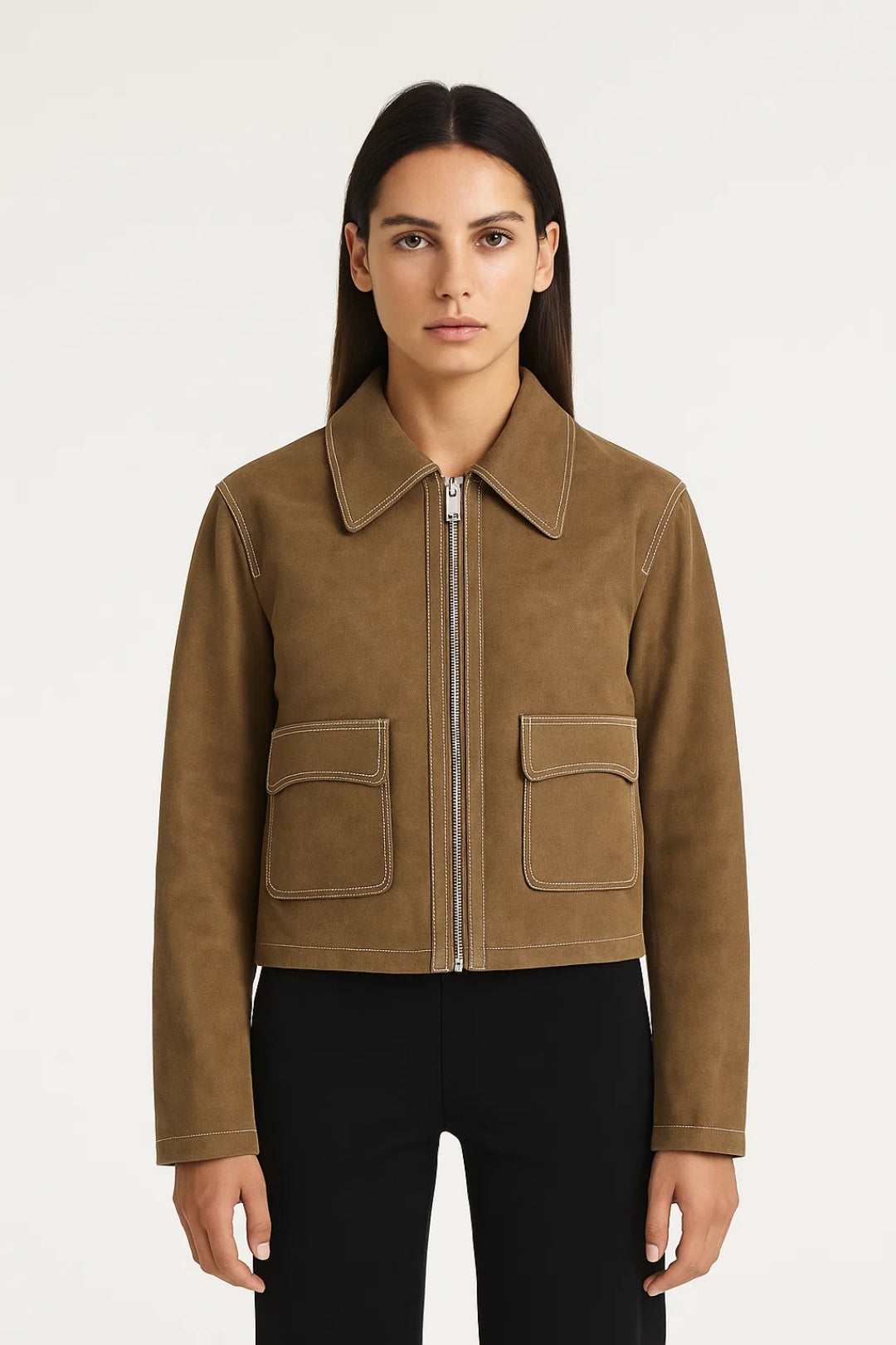 Veste Courte Femme | Zip Frontale & Poches Appliquées | Marron Foncé ou Cuir Clair