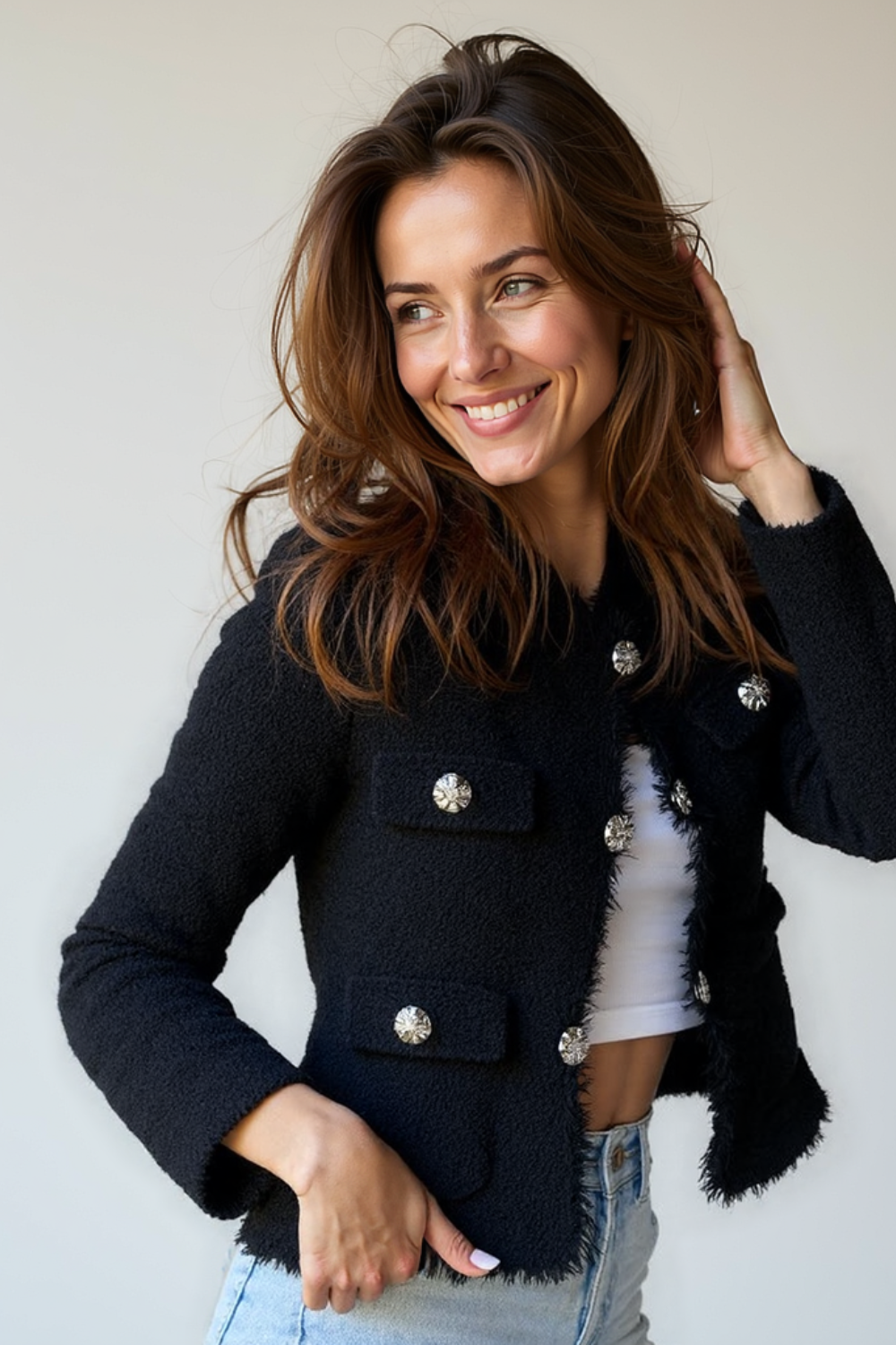 Veste Femme Structurée | Boutons Dorés | Tissu Texturé Chic