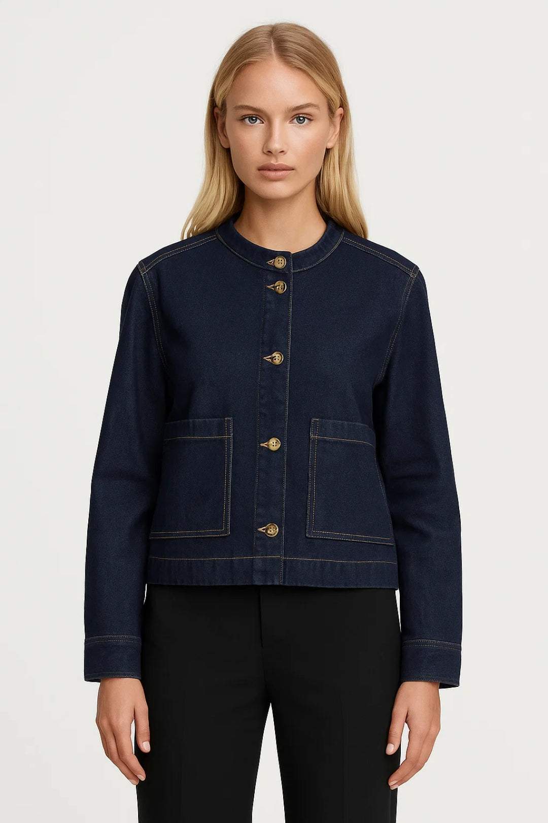 Veste courte Boutonnée | Blouson col rond en denim | Structurée et polyvalente