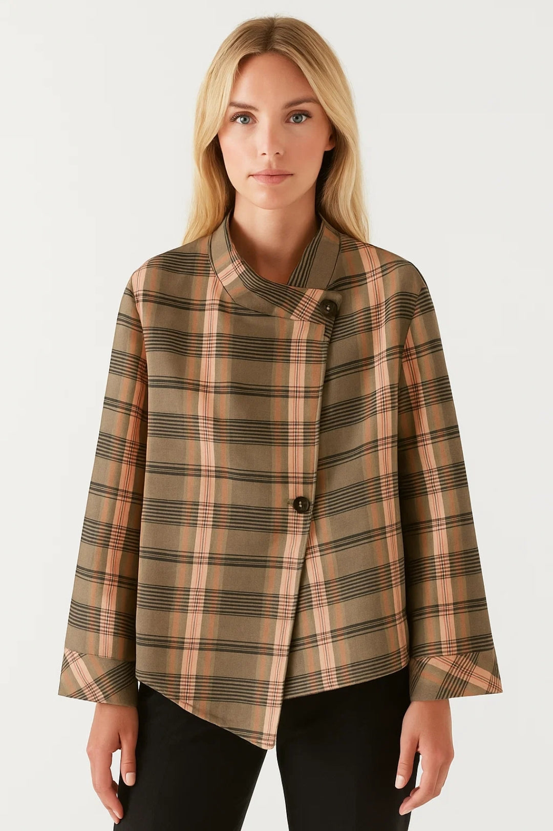 Veste courte à carreaux | Blouson croisé pour femme | Élégance graphique pour demi-saison