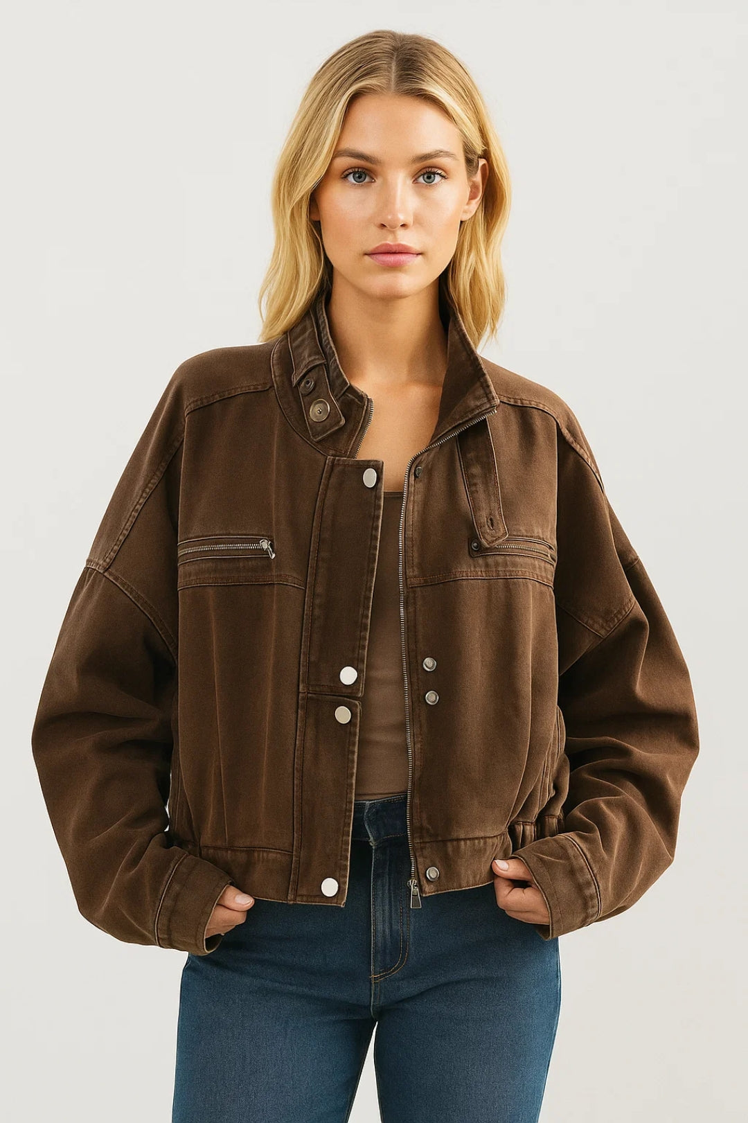 Veste en Jean Femme | oversize zippée | col montant structuré pour Mi-Saison