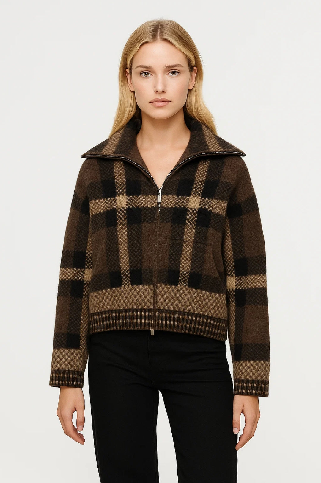 Veste zippée Automne | Blouson à motif carreaux | Chaude et décontractée