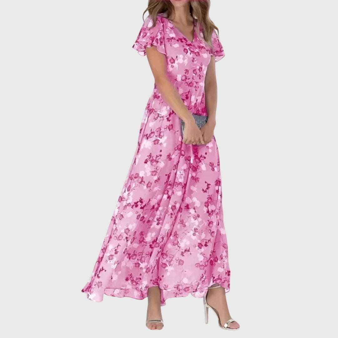 Zoé - Robe Longue d'Été Romantique Femme avec Col en V et Imprimé Fleuri