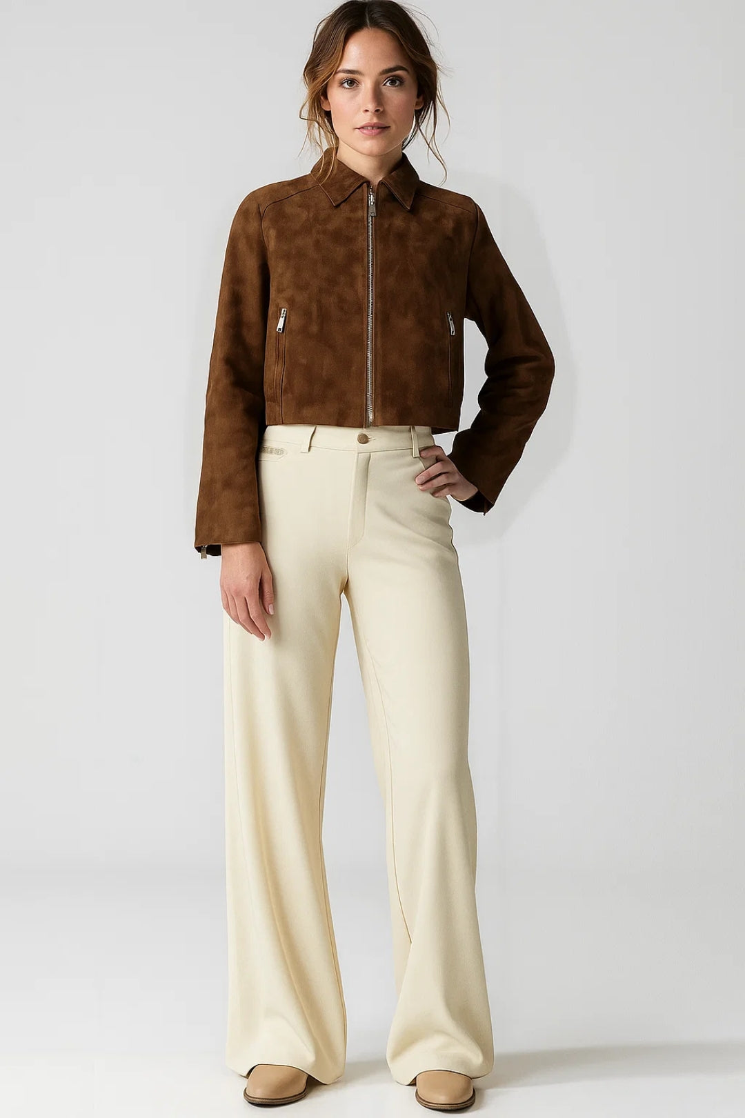 Manteau Court en Daim | Aspect Suédé | Marron Élégant